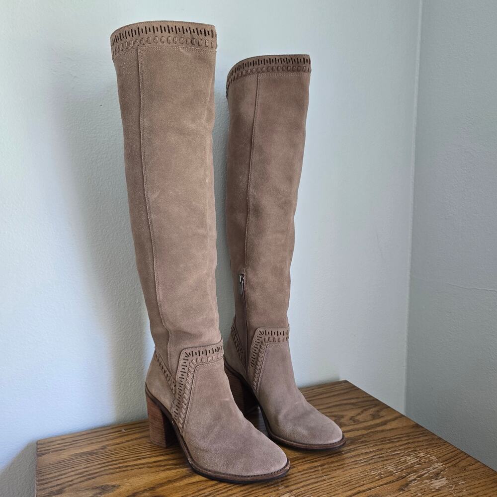Vince Camuto Madolee Over the Knee Boots Women's 9M Greige Suede Autumn Casual